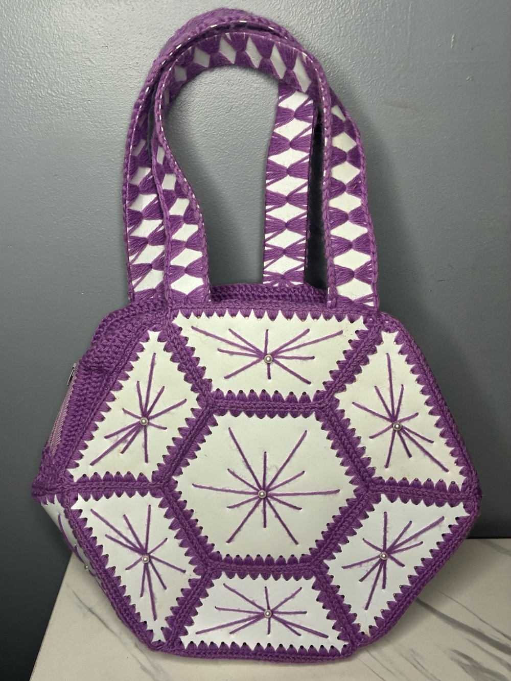 Vintage Handmade Purple Laced Vinyl Handbag Geometric Mod Purse 1960s 1970s